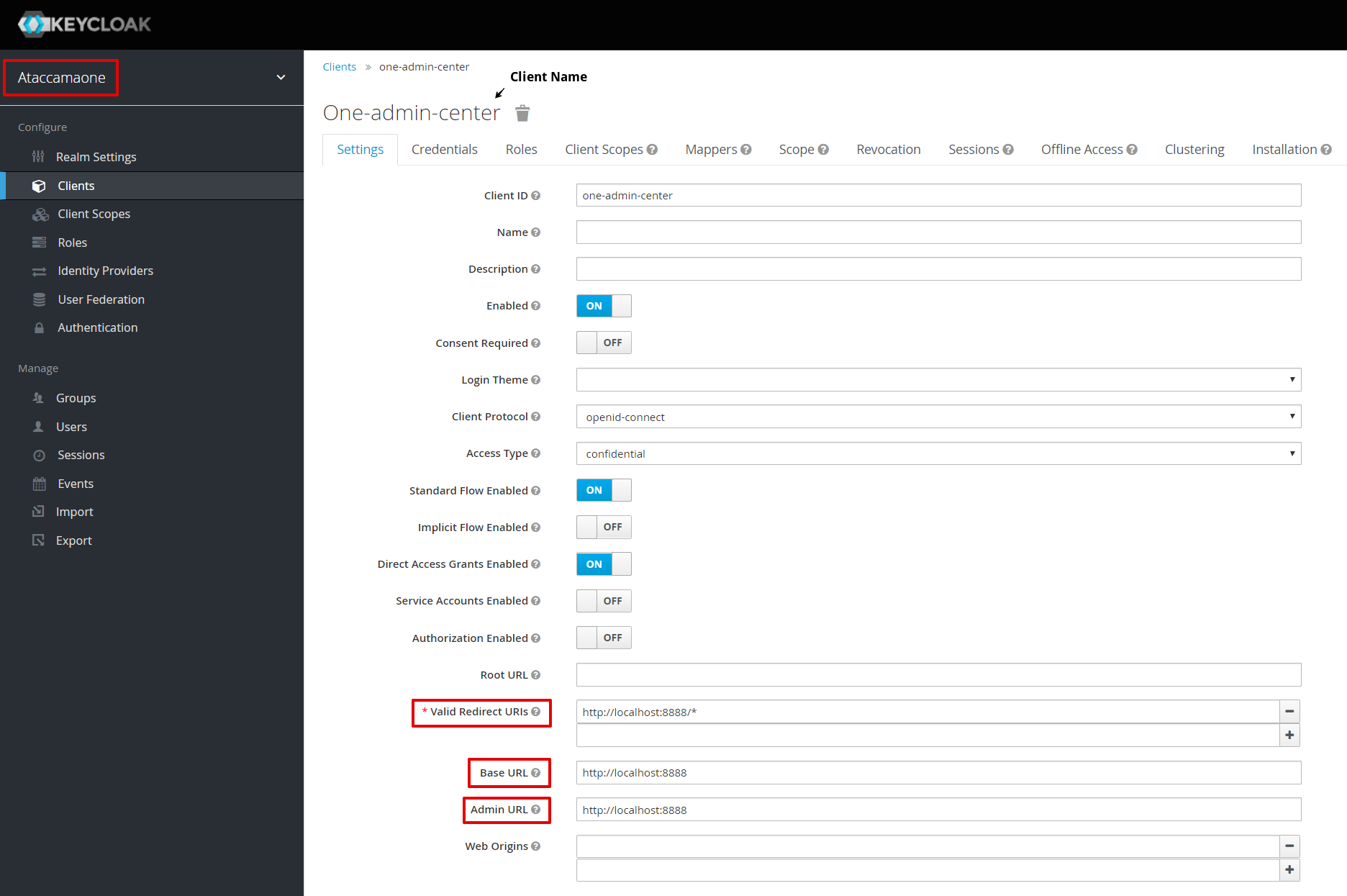 Configure one-admin-center client in Keycloak